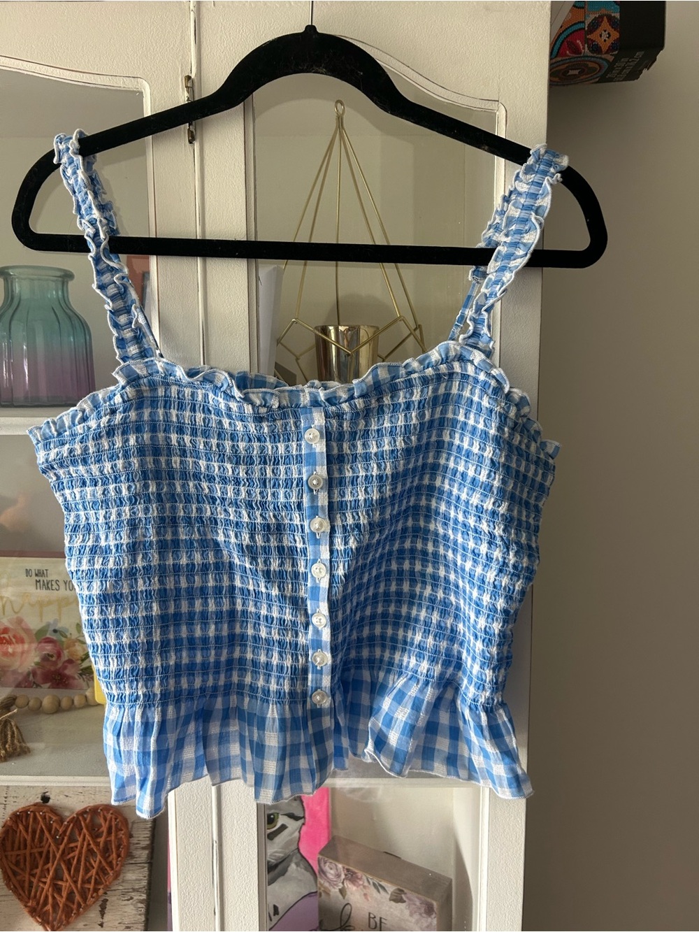 American eagle Smocked Gingham Button-Front Crop Top - Blue